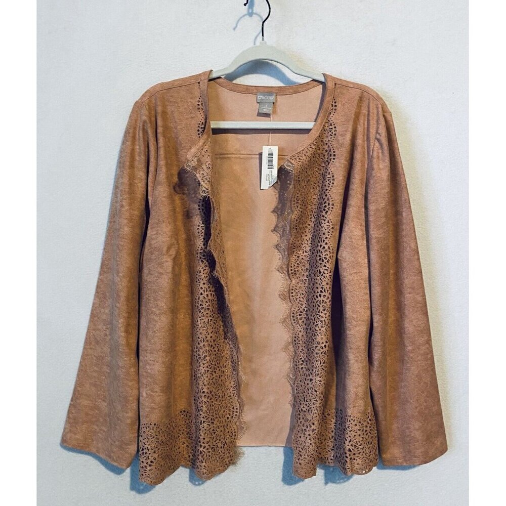 Chicos Jacket Womens XL Bella Pink Perforated Faux Suede Lace Detail Long Sleeve